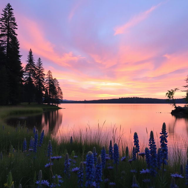 A serene landscape showcasing a picturesque sunset over a tranquil lake