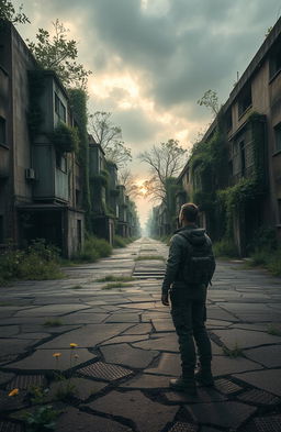 A serene post-apocalyptic landscape where nature has begun to reclaim a deserted urban area