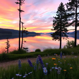 A serene landscape showcasing a picturesque sunset over a tranquil lake
