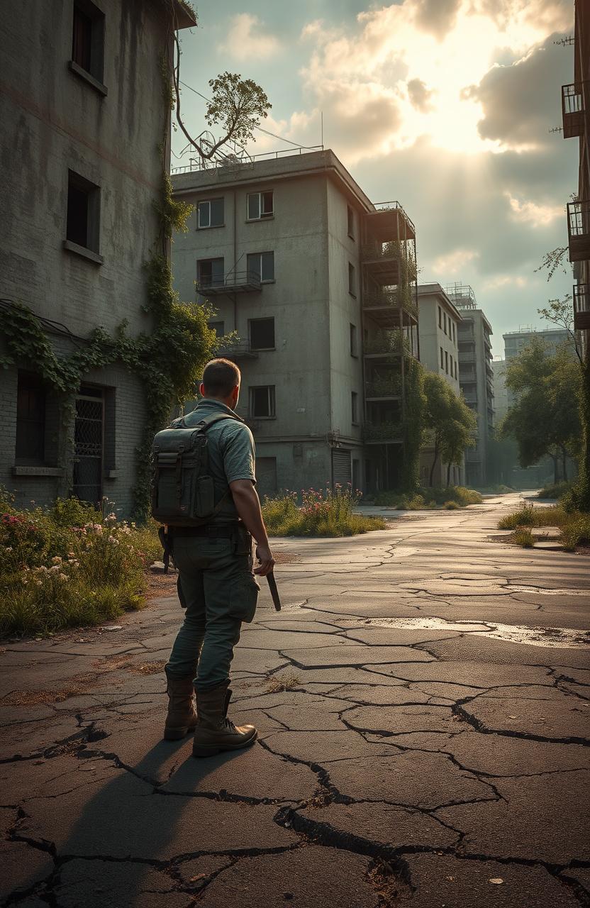 A serene post-apocalyptic landscape where nature has begun to reclaim a deserted urban area