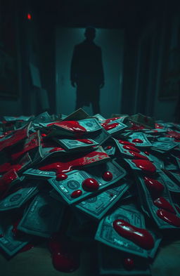 A dramatic and intense depiction of 'blood money', illustrating a large pile of cash stained with deep red blood