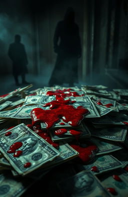 A dramatic and intense depiction of 'blood money', illustrating a large pile of cash stained with deep red blood