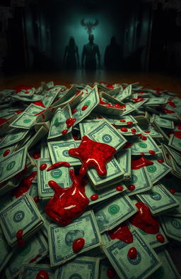 A dramatic and intense depiction of 'blood money', illustrating a large pile of cash stained with deep red blood