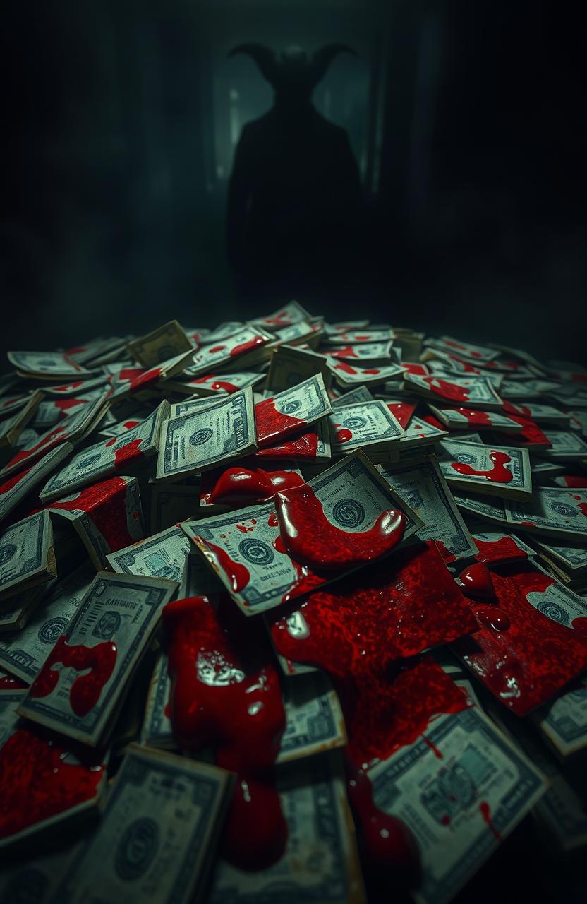 A dramatic and intense depiction of 'blood money', illustrating a large pile of cash stained with deep red blood