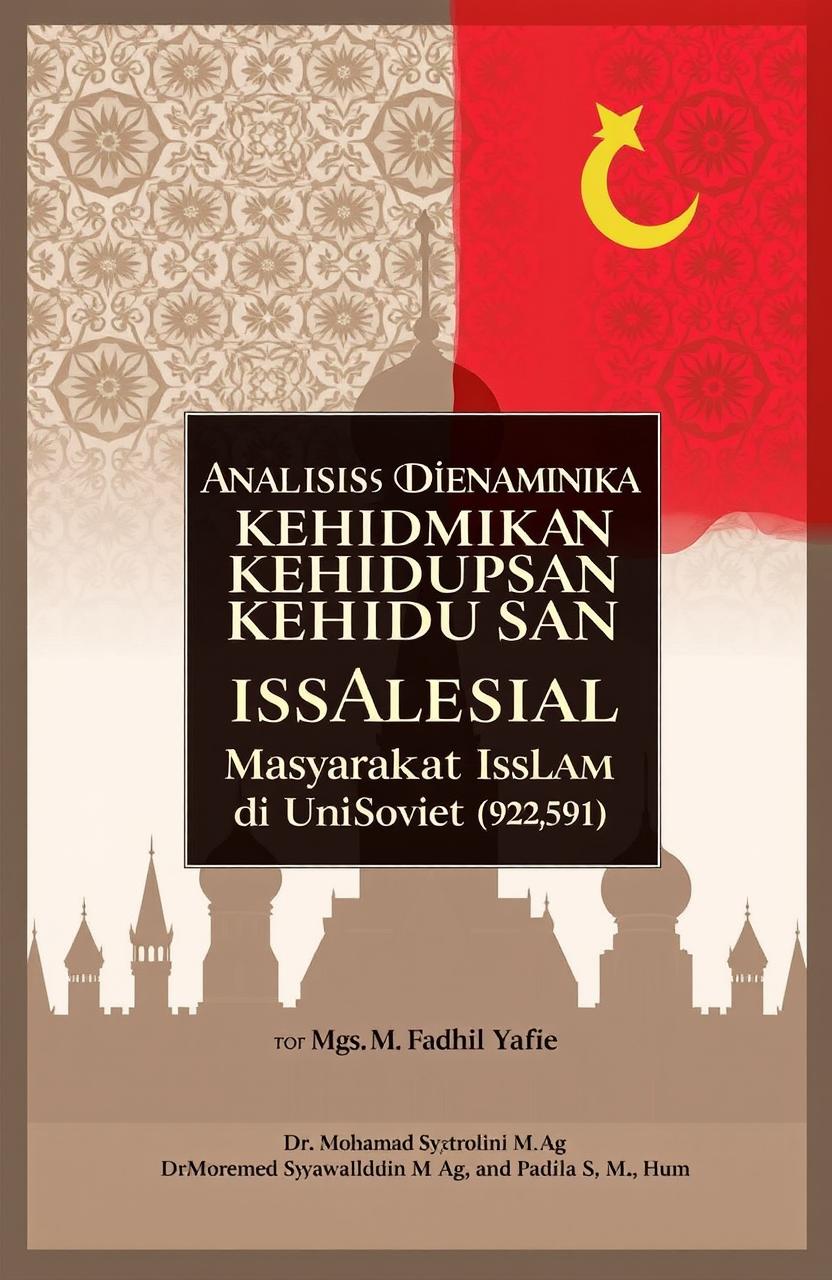 A visually striking book cover for 'Analisis Dinamika Kehidupan Sosial Masyarakat Islam di Uni Soviet (1922-1991)', featuring elements that represent the intersection of Islamic culture and Soviet history