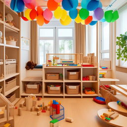 A colorful and well-organized Montessori play area with wooden toys, educational materials, and comfortable sitting zones, set in a bright and safe environment.