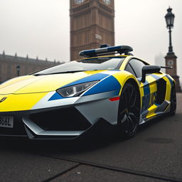A close-up shot of a Lamborghini Aventador customized as a UK police car, showcasing its sleek body adorned with authentic police decals, bold blue and yellow Battenburg markings, and a light bar mounted on the roof