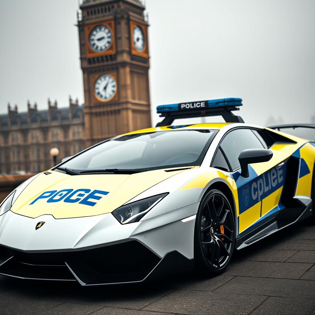 A close-up shot of a Lamborghini Aventador customized as a UK police car, showcasing its sleek body adorned with authentic police decals, bold blue and yellow Battenburg markings, and a light bar mounted on the roof