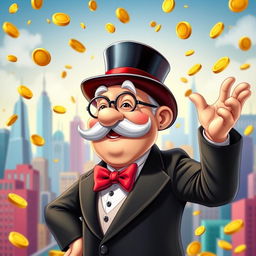 A whimsical and extravagant character inspired by the classic Monopoly man, depicted as a rich, elderly gentleman with a top hat and monocle