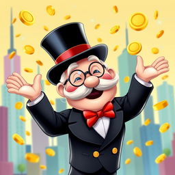A whimsical and extravagant character inspired by the classic Monopoly man, depicted as a rich, elderly gentleman with a top hat and monocle