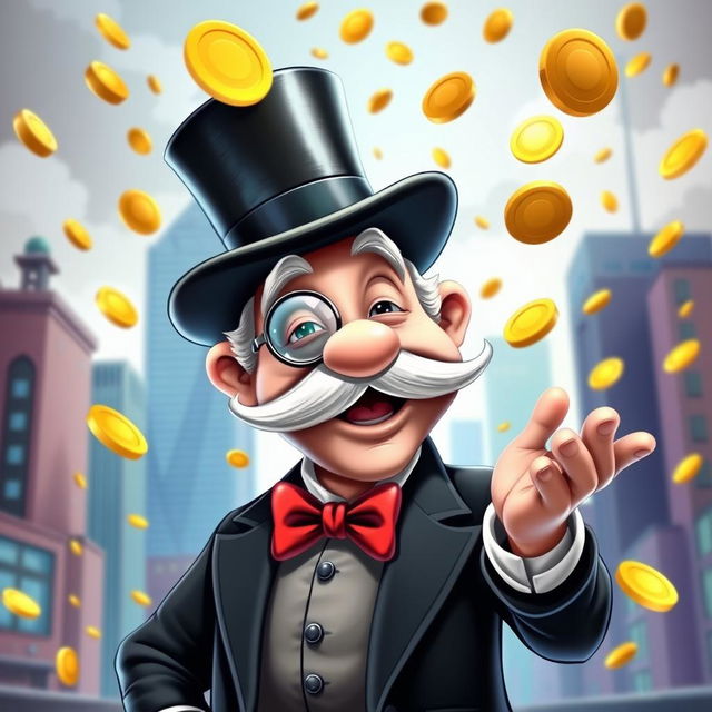 A whimsical and extravagant character inspired by the classic Monopoly man, depicted as a rich, elderly gentleman with a top hat and monocle