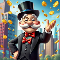 A whimsical and extravagant character inspired by the classic Monopoly man, depicted as a rich, elderly gentleman with a top hat and monocle