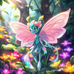 In a lush, vibrant forest, design a unique Pokémon character named 'Florealis'