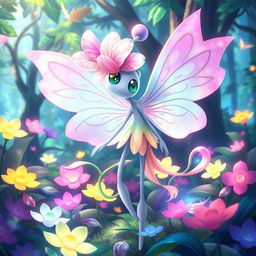 In a lush, vibrant forest, design a unique Pokémon character named 'Florealis'