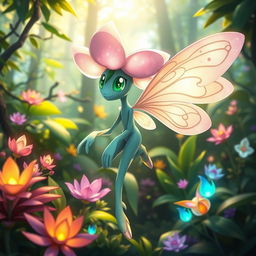 In a lush, vibrant forest, design a unique Pokémon character named 'Florealis'