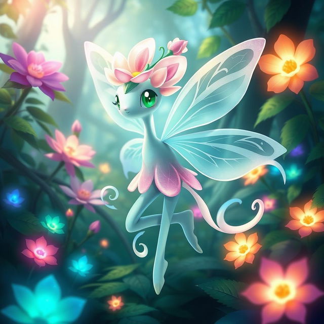 In a lush, vibrant forest, design a unique Pokémon character named 'Florealis'