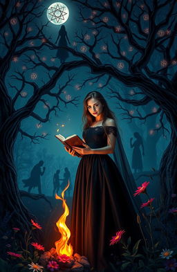 A captivating dark romance fantasy scene titled 'Beneath the Flame's Touch', set in an enchanted forest under a starlit sky