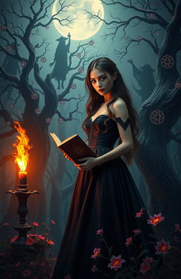 A captivating dark romance fantasy scene titled 'Beneath the Flame's Touch', set in an enchanted forest under a starlit sky