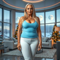 A full-body image of a beautiful 50-year-old mature woman with Venezuelan features, wearing white leggings and a very low-cut sky blue tank top