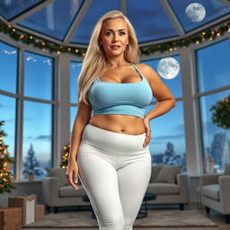 A full-body image of a beautiful 50-year-old mature woman with Venezuelan features, wearing white leggings and a very low-cut sky blue tank top