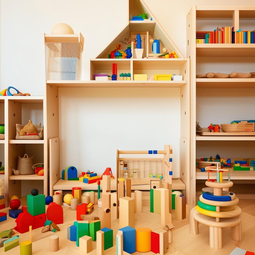 A colorful and well-organized Montessori play area with wooden toys, educational materials, and comfortable sitting zones, set in a bright and safe environment.