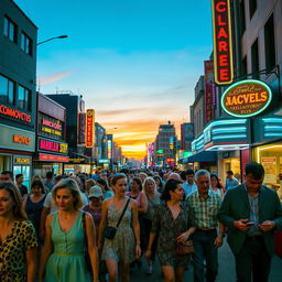 A vibrant city street scene at dusk, showcasing a diverse group of people of different ages and backgrounds walking together, illuminated by colorful neon lights from surrounding shops