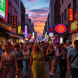 A vibrant city street scene at dusk, showcasing a diverse group of people of different ages and backgrounds walking together, illuminated by colorful neon lights from surrounding shops