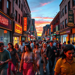 A vibrant city street scene at dusk, showcasing a diverse group of people of different ages and backgrounds walking together, illuminated by colorful neon lights from surrounding shops