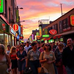 A vibrant city street scene at dusk, showcasing a diverse group of people of different ages and backgrounds walking together, illuminated by colorful neon lights from surrounding shops