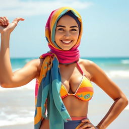 A beautiful Arab woman wearing a colorful bikini that complements her traditional hijab, striking a confident pose on a sunny beach