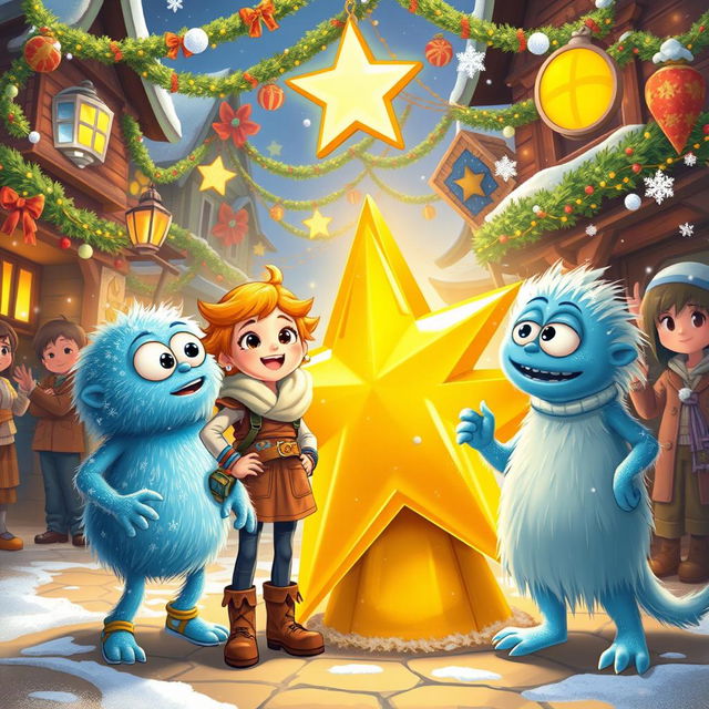 An adventurous scene illustrating Chole, a determined young girl with bright hair and a creative spirit, as she excitedly shares her daring plan to fix the cracked golden star in The Coldmaw Town