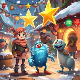 An adventurous scene illustrating Chole, a determined young girl with bright hair and a creative spirit, as she excitedly shares her daring plan to fix the cracked golden star in The Coldmaw Town