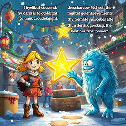 An adventurous scene illustrating Chole, a determined young girl with bright hair and a creative spirit, as she excitedly shares her daring plan to fix the cracked golden star in The Coldmaw Town