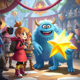 An exciting scene featuring Chole, a courageous young girl with bright hair and a spark in her eyes, animatedly presenting her daring plan to a group