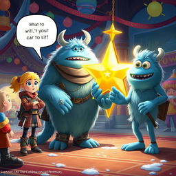 An exciting scene featuring Chole, a courageous young girl with bright hair and a spark in her eyes, animatedly presenting her daring plan to a group