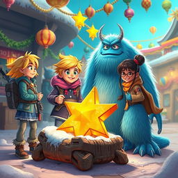 An exciting scene featuring Chole, a courageous young girl with bright hair and a spark in her eyes, animatedly presenting her daring plan to a group
