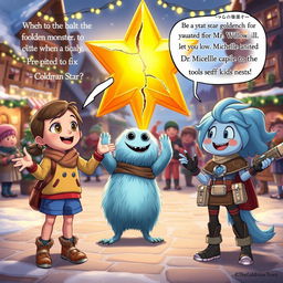 An energetic scene featuring Chole, a bright-eyed and determined young girl, as she enthusiastically explains her plan to fix the cracked golden star