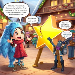 An energetic scene featuring Chole, a bright-eyed and determined young girl, as she enthusiastically explains her plan to fix the cracked golden star
