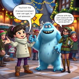 An energetic scene featuring Chole, a bright-eyed and determined young girl, as she enthusiastically explains her plan to fix the cracked golden star
