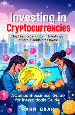 A detailed and visually engaging guide cover for cryptocurrency investment, featuring vibrant digital illustrations of various cryptocurrencies like Bitcoin, Ethereum, and Litecoin, with a futuristic city skyline in the background symbolizing growth and opportunity