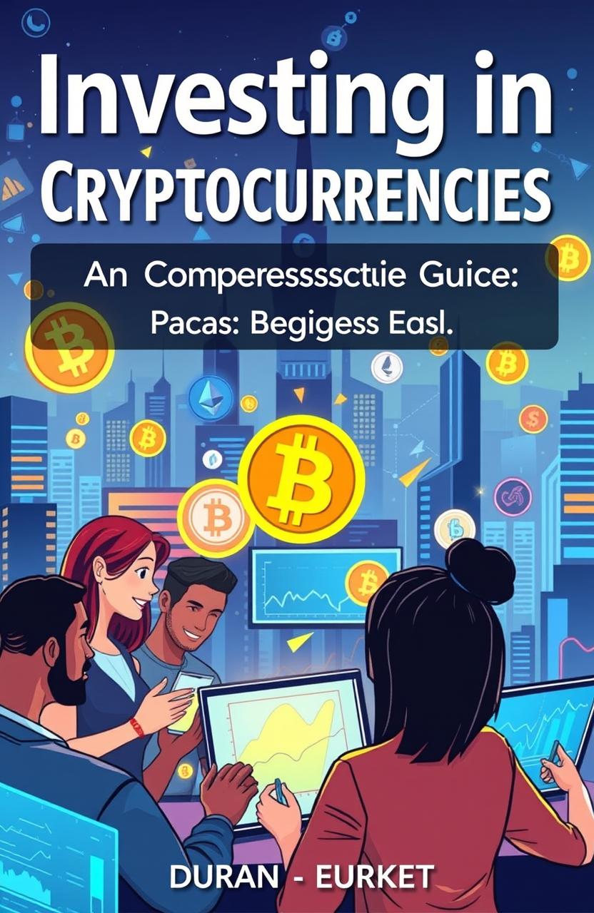 A detailed and visually engaging guide cover for cryptocurrency investment, featuring vibrant digital illustrations of various cryptocurrencies like Bitcoin, Ethereum, and Litecoin, with a futuristic city skyline in the background symbolizing growth and opportunity