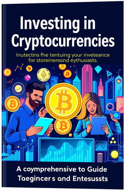 A detailed and visually engaging guide cover for cryptocurrency investment, featuring vibrant digital illustrations of various cryptocurrencies like Bitcoin, Ethereum, and Litecoin, with a futuristic city skyline in the background symbolizing growth and opportunity
