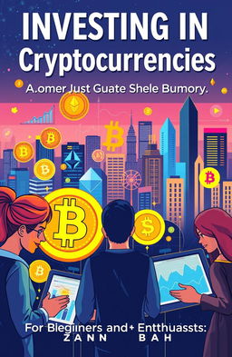 A detailed and visually engaging guide cover for cryptocurrency investment, featuring vibrant digital illustrations of various cryptocurrencies like Bitcoin, Ethereum, and Litecoin, with a futuristic city skyline in the background symbolizing growth and opportunity