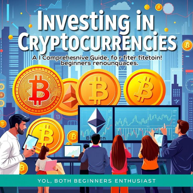 A visually captivating cover for a cryptocurrency investment guide, showcasing various cryptocurrencies like Bitcoin and Ethereum with their logos prominently displayed