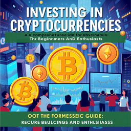 A visually captivating cover for a cryptocurrency investment guide, showcasing various cryptocurrencies like Bitcoin and Ethereum with their logos prominently displayed