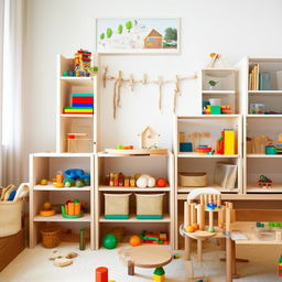 A colorful and well-organized Montessori play area with wooden toys, educational materials, and comfortable sitting zones, set in a bright and safe environment.