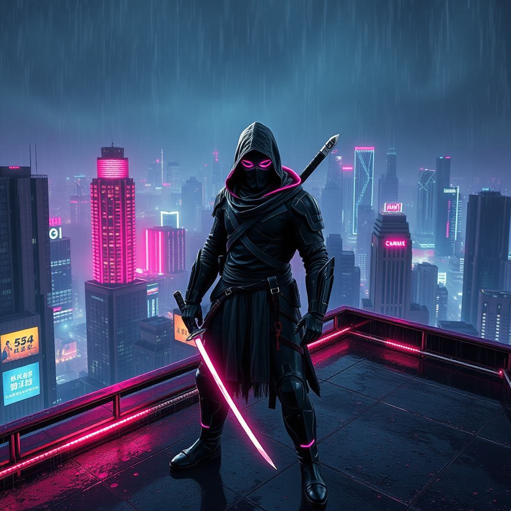 A cyberpunk themed scene featuring a dark ninja clad in futuristic armor with neon pink accents