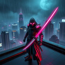 A cyberpunk themed scene featuring a dark ninja clad in futuristic armor with neon pink accents