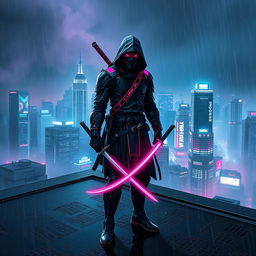 A cyberpunk themed scene featuring a dark ninja clad in futuristic armor with neon pink accents