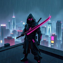 A cyberpunk themed scene featuring a dark ninja clad in futuristic armor with neon pink accents